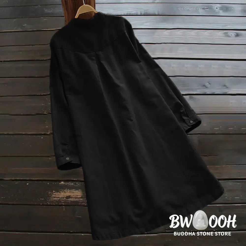 Buddha Stones Solid Buttons Long Sleeve Women&