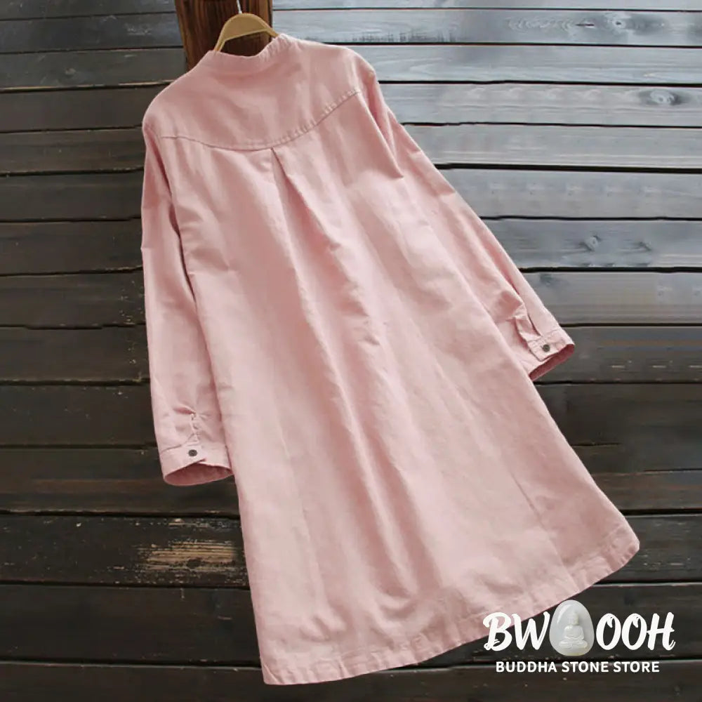 Buddha Stones Solid Buttons Long Sleeve Women&