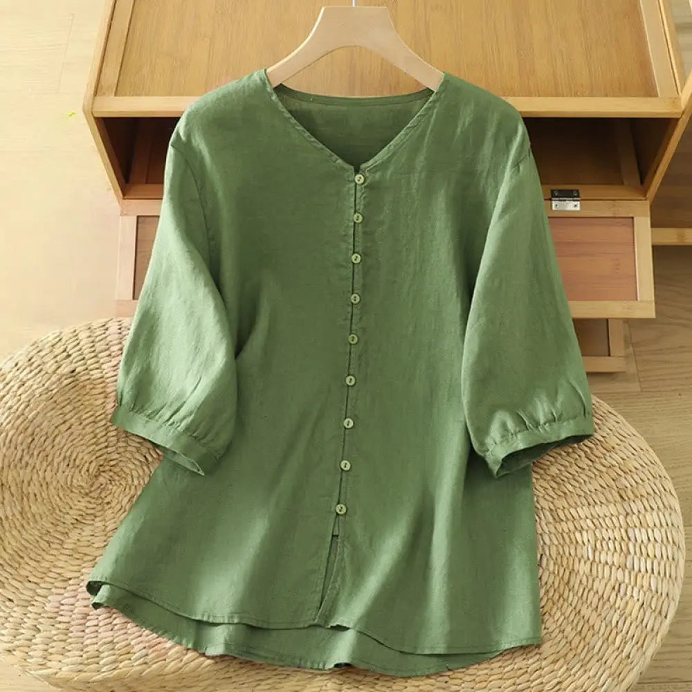 Buddha Stones Solid Buttons V-Neck Half Sleeve Women’s Shirt - DarkSeaGreen / US4，UK/AU8，EU36 (M) - Women’s Shirts