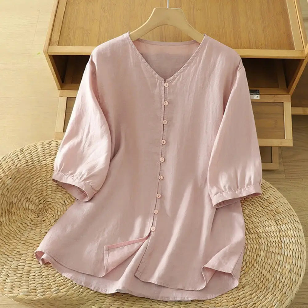 BWOOOH Solid Buttons V-Neck Half Sleeve Women's Shirt