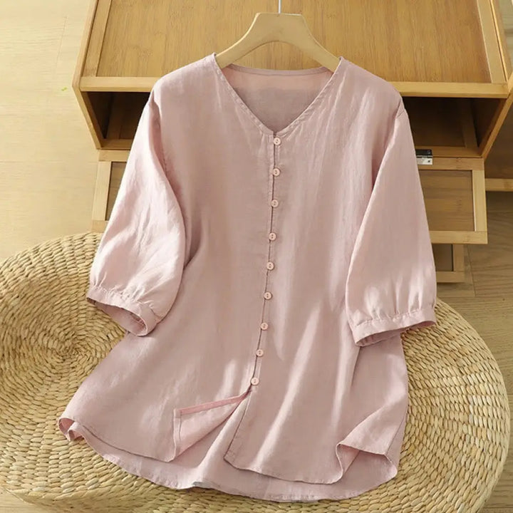 BWOOOH Solid Buttons V-Neck Half Sleeve Women&