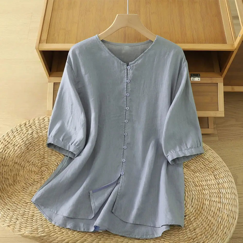 Buddha Stones Solid Buttons V-Neck Half Sleeve Women’s Shirt - LightSteelBlue / US4，UK/AU8，EU36 (M) - Women’s Shirts