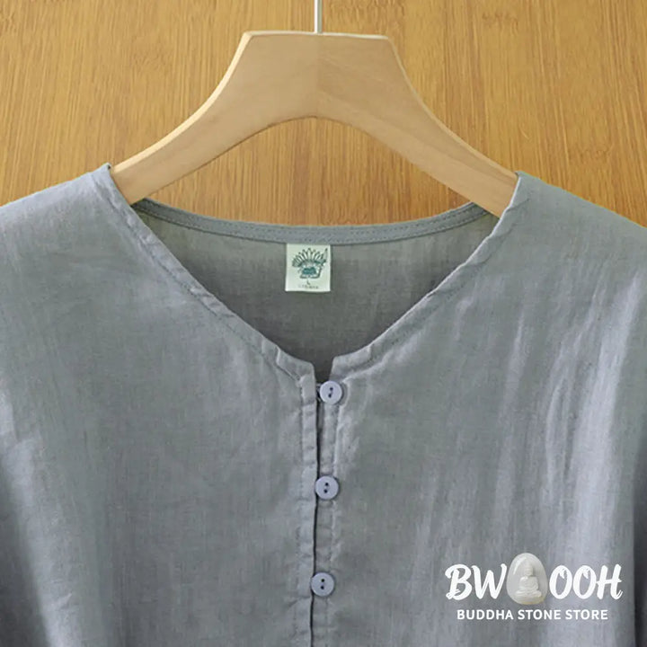 Buddha Stones Solid Buttons V-Neck Half Sleeve Women’s Shirt - Women’s Shirts