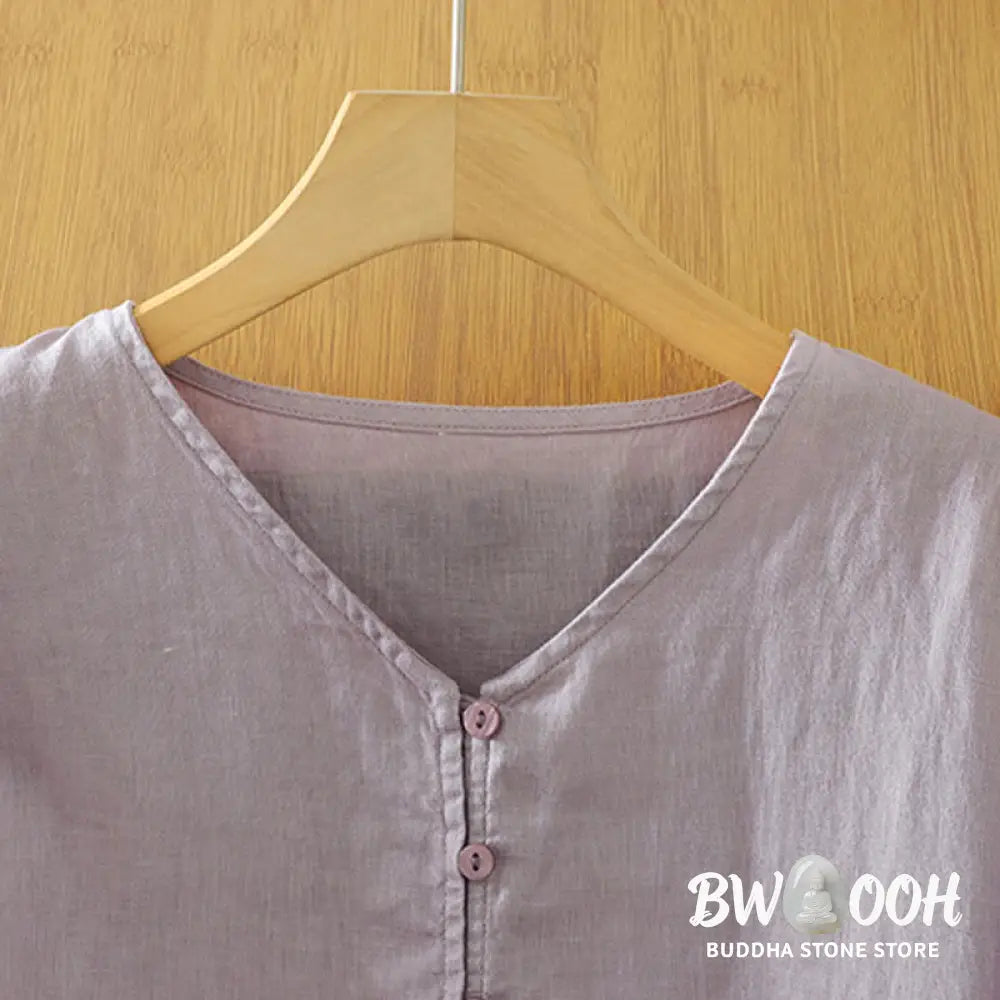 Buddha Stones Solid Buttons V-Neck Half Sleeve Women’s Shirt - Women’s Shirts