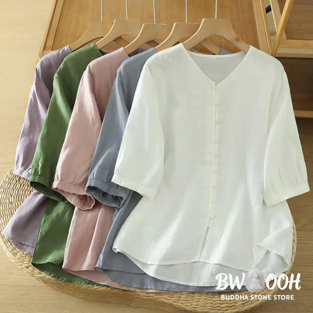 Buddha Stones Solid Buttons V-Neck Half Sleeve Women’s Shirt - Women’s Shirts