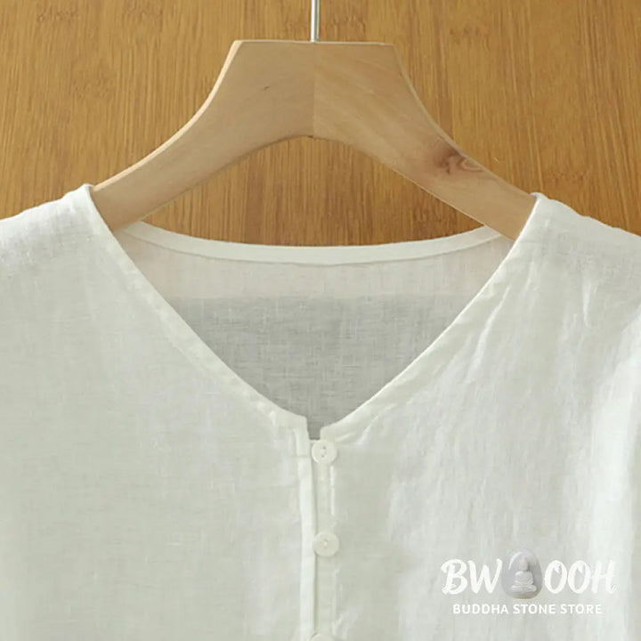 Buddha Stones Solid Buttons V-Neck Half Sleeve Women’s Shirt - Women’s Shirts