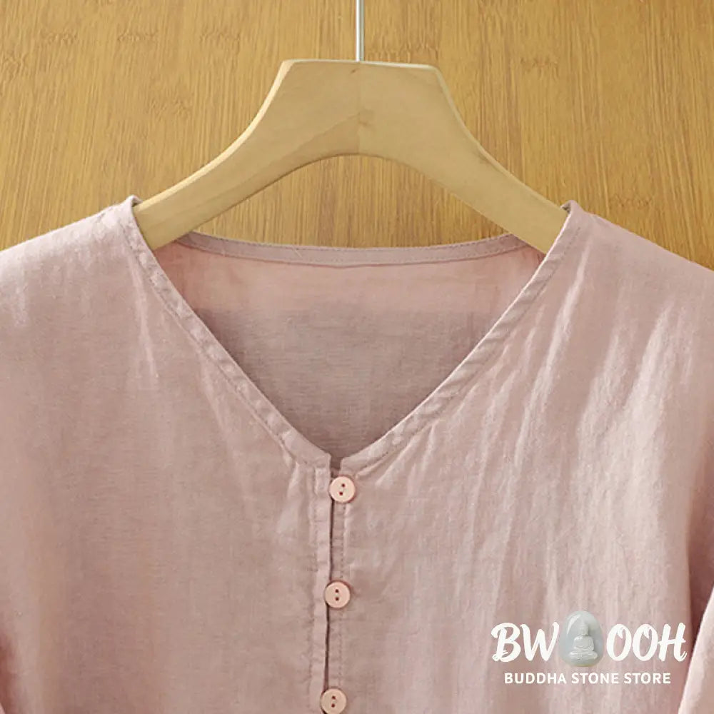 Buddha Stones Solid Buttons V-Neck Half Sleeve Women’s Shirt - Women’s Shirts