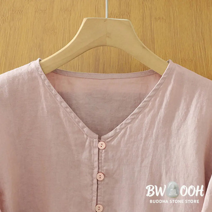 Buddha Stones Solid Buttons V-Neck Half Sleeve Women’s Shirt - Women’s Shirts