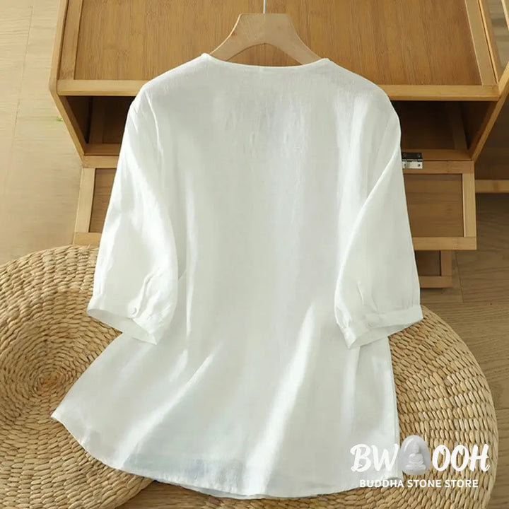 Buddha Stones Solid Buttons V-Neck Half Sleeve Women’s Shirt - Women’s Shirts