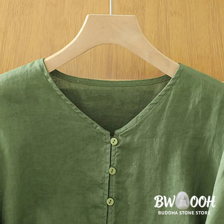 Buddha Stones Solid Buttons V-Neck Half Sleeve Women’s Shirt - Women’s Shirts