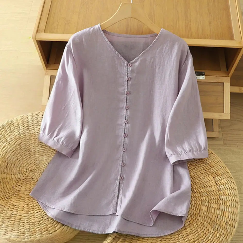 Buddha Stones Solid Buttons V-Neck Half Sleeve Women’s Shirt - Thistle / US4，UK/AU8，EU36 (M) - Women’s Shirts