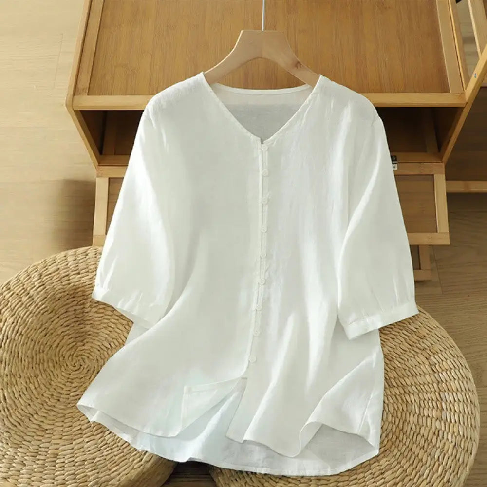 Buddha Stones Solid Buttons V-Neck Half Sleeve Women’s Shirt - White / US4，UK/AU8，EU36 (M) - Women’s Shirts