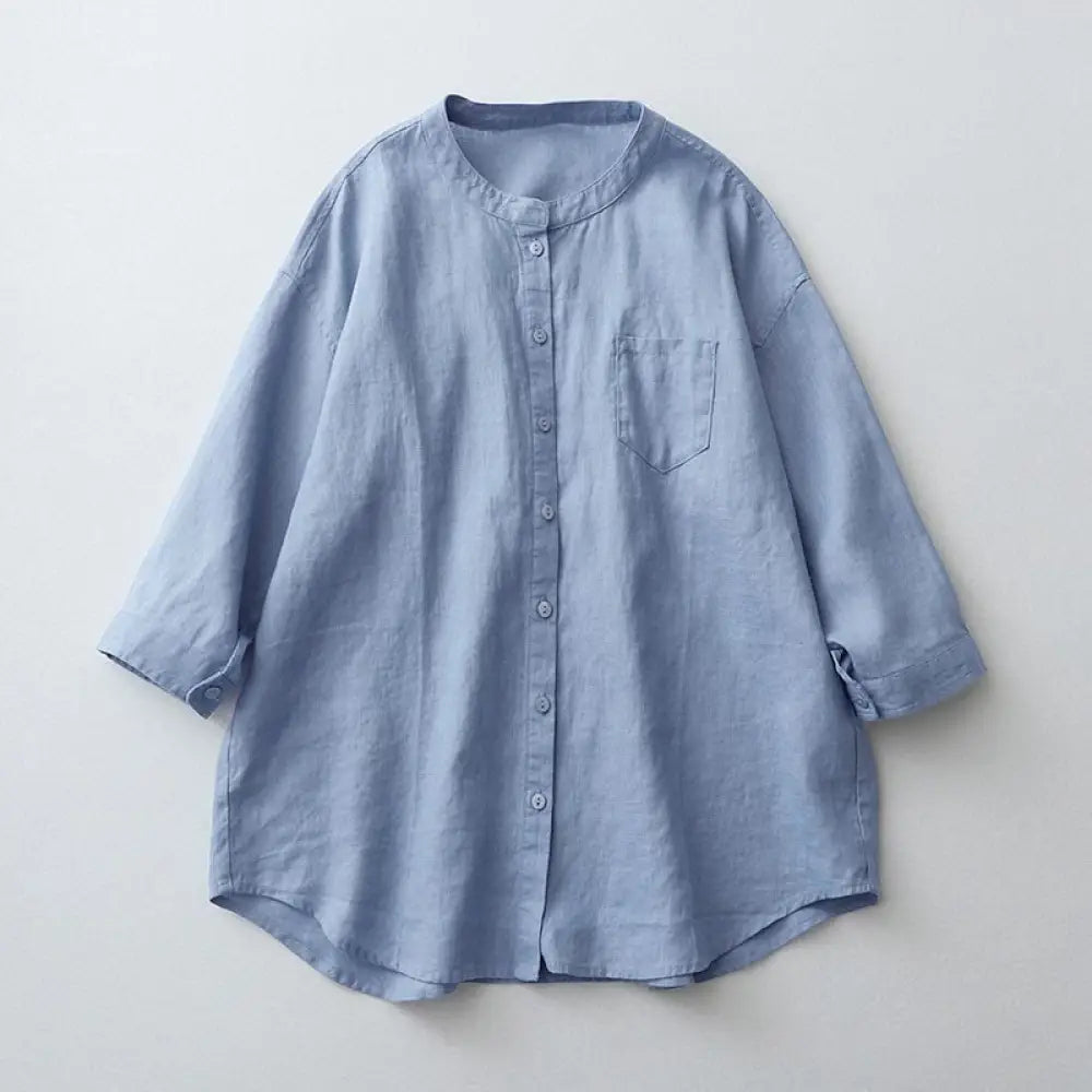 Buddha Stones Solid Color Button Three Quarter Sleeve Shirt - LightBlue / US2，UK/AU6，EU34 (M) - Women&