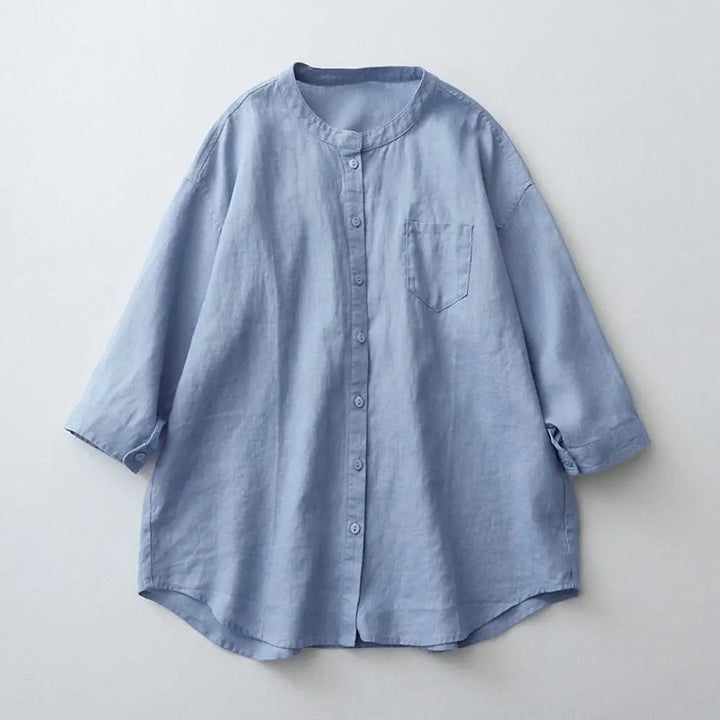 Buddha Stones Solid Color Button Three Quarter Sleeve Shirt - LightBlue / US2，UK/AU6，EU34 (M) - Women&