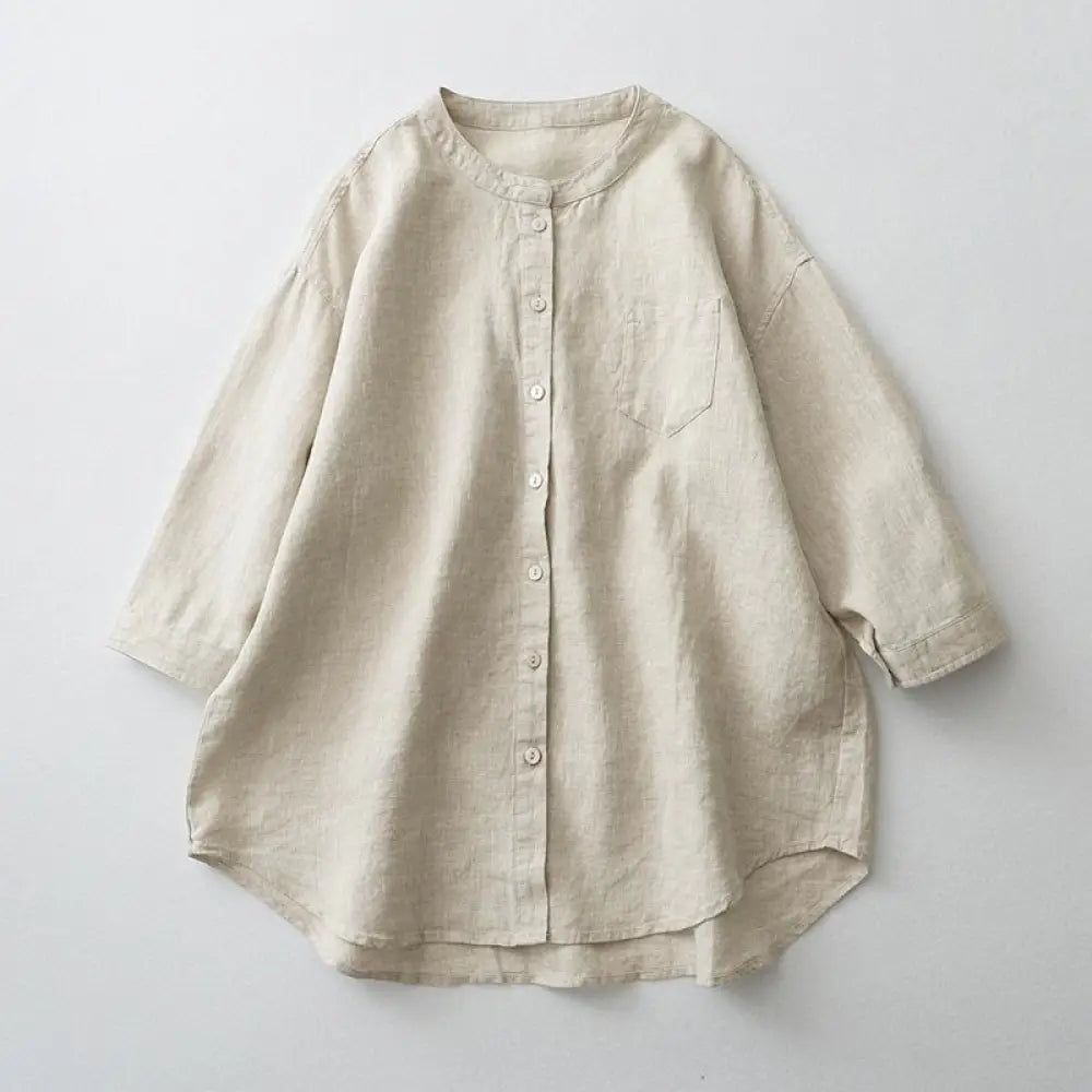 Buddha Stones Solid Color Button Three Quarter Sleeve Shirt - Linen / US2，UK/AU6，EU34 (M) - Women's Shirts