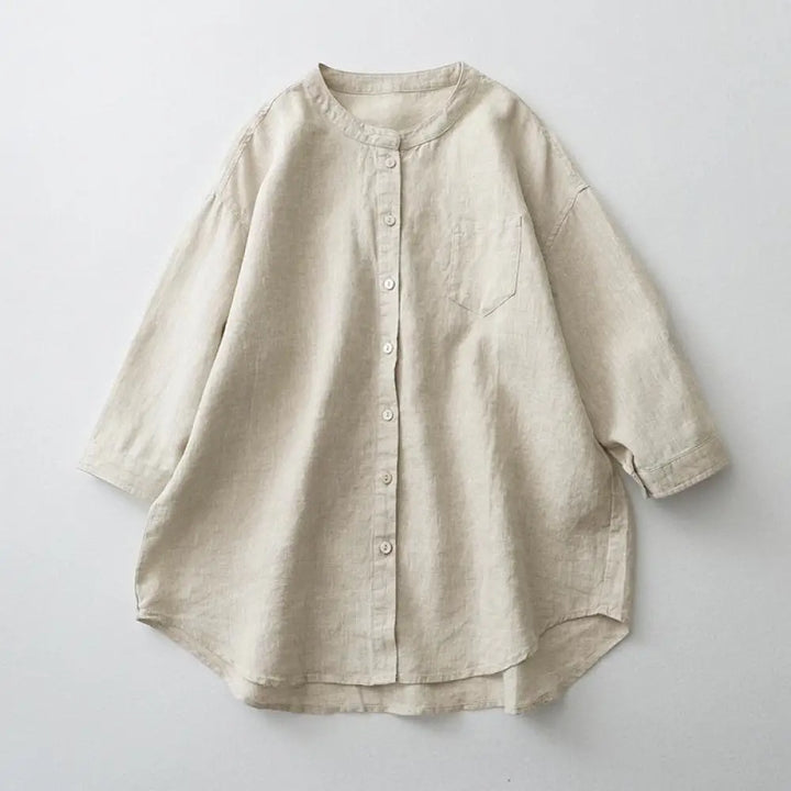 Buddha Stones Solid Color Button Three Quarter Sleeve Shirt - Linen / US2，UK/AU6，EU34 (M) - Women&