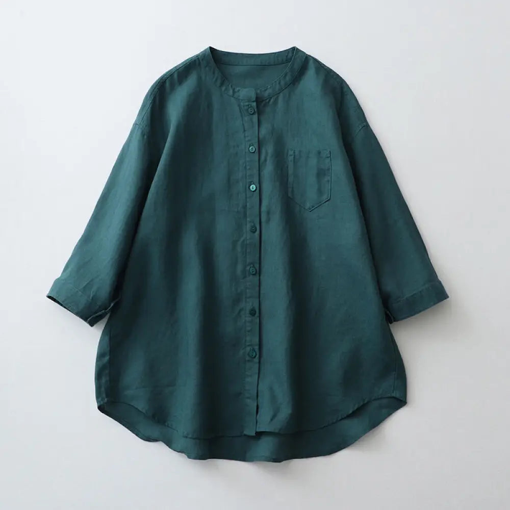 Buddha Stones Solid Color Button Three Quarter Sleeve Shirt - Teal / US2，UK/AU6，EU34 (M) - Women&