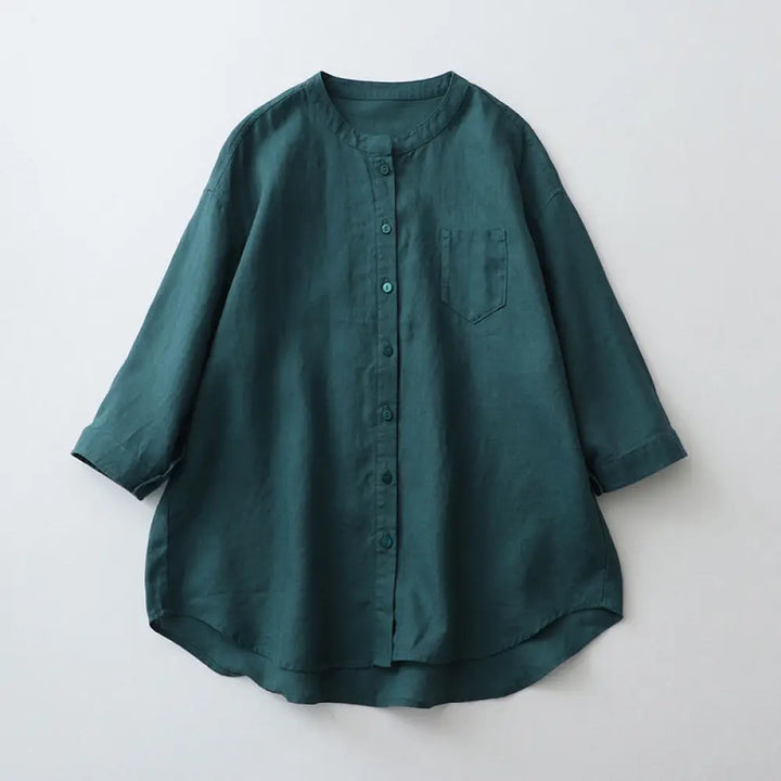 Buddha Stones Solid Color Button Three Quarter Sleeve Shirt - Teal / US2，UK/AU6，EU34 (M) - Women&