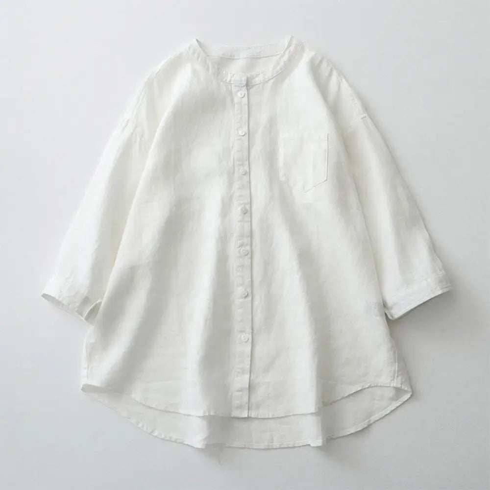 Buddha Stones Solid Color Button Three Quarter Sleeve Shirt - White / US2，UK/AU6，EU34 (M) - Women&