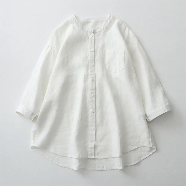 Buddha Stones Solid Color Button Three Quarter Sleeve Shirt - White / US2，UK/AU6，EU34 (M) - Women&
