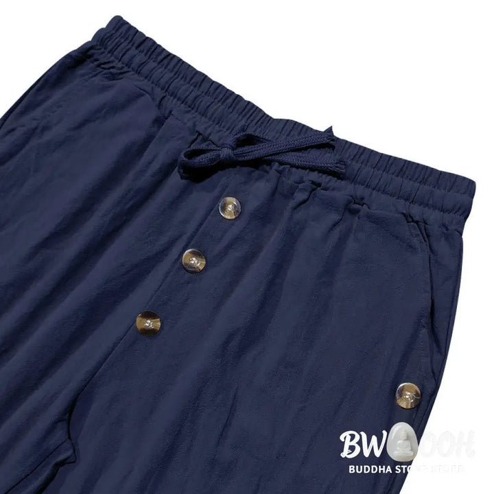 Buddha Stones Solid Color Buttons Drawstring Men’s Cotton Pants With Pockets - Men’s Pants