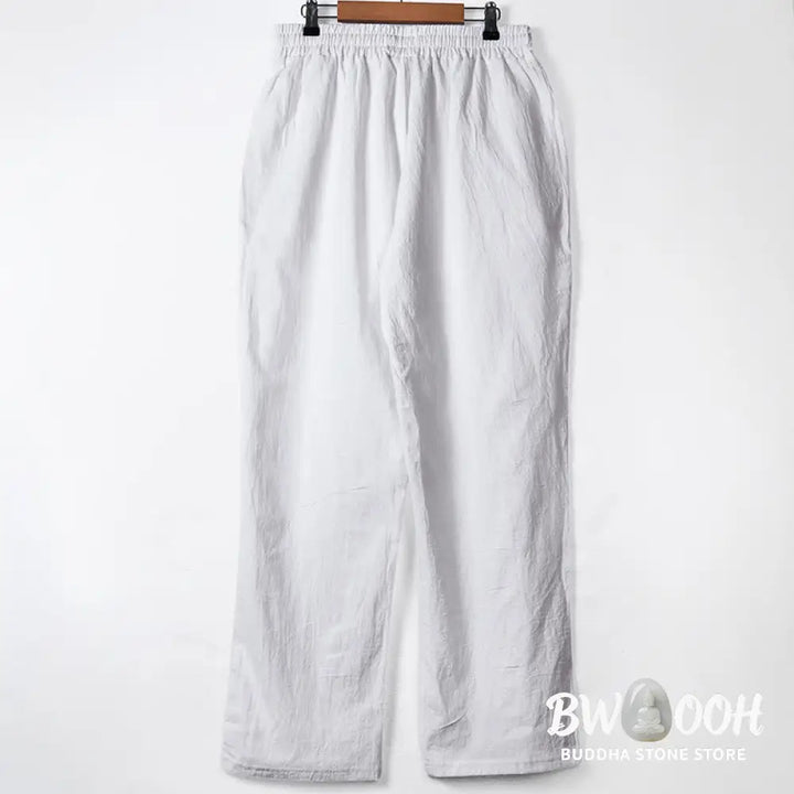 Buddha Stones Solid Color Buttons Drawstring Men’s Cotton Pants With Pockets - Men’s Pants