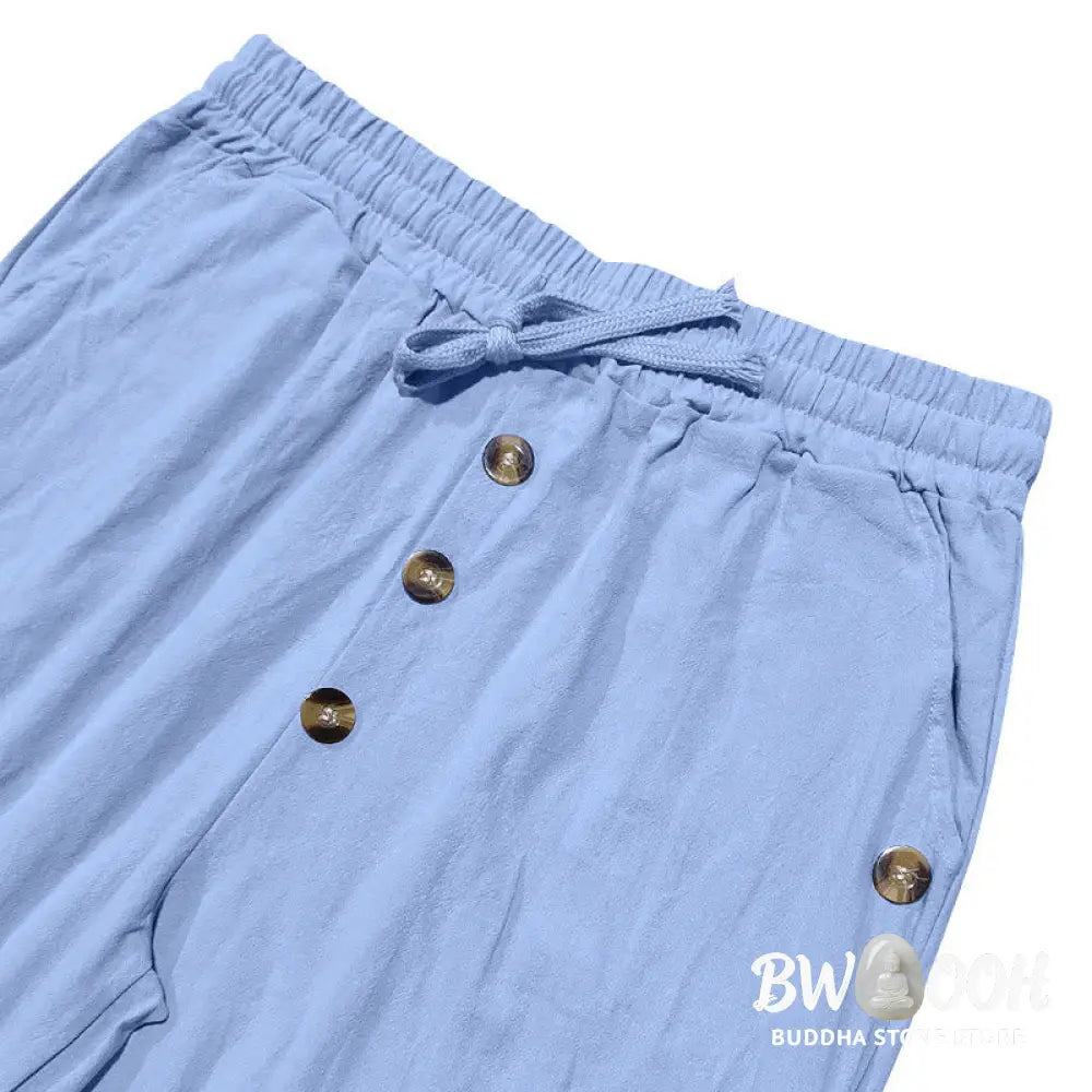 Buddha Stones Solid Color Buttons Drawstring Men’s Cotton Pants With Pockets - Men’s Pants