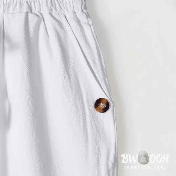 Buddha Stones Solid Color Buttons Drawstring Men’s Cotton Pants With Pockets - Men’s Pants