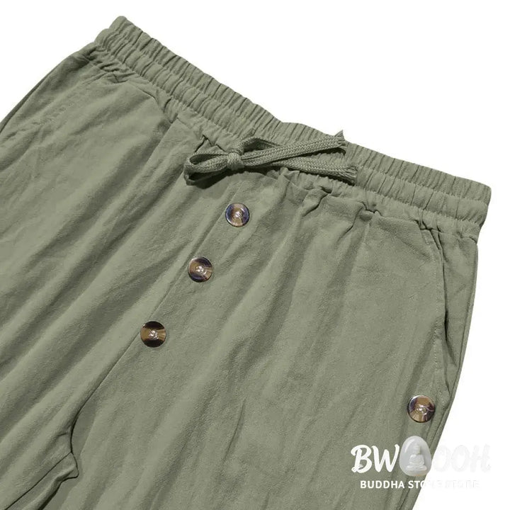 Buddha Stones Solid Color Buttons Drawstring Men’s Cotton Pants With Pockets - Men’s Pants