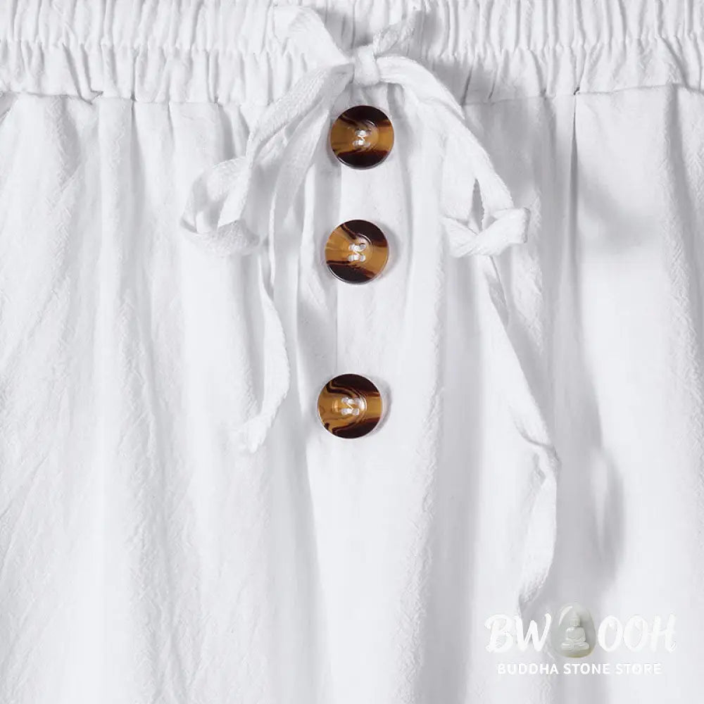 Buddha Stones Solid Color Buttons Drawstring Men’s Cotton Pants With Pockets - Men’s Pants