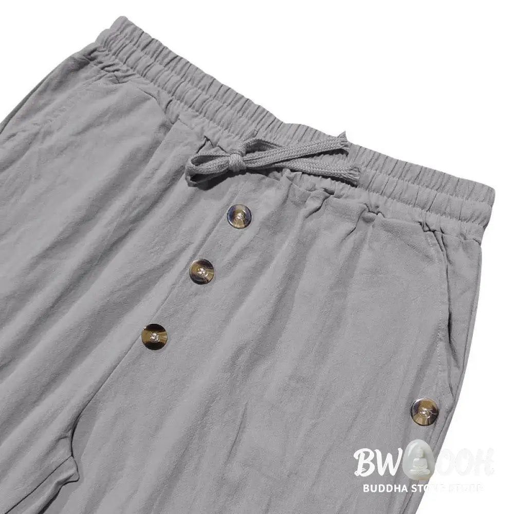 Buddha Stones Solid Color Buttons Drawstring Men’s Cotton Pants With Pockets - Men’s Pants