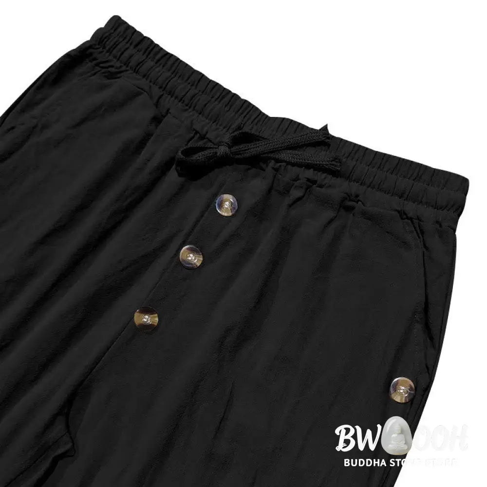 Buddha Stones Solid Color Buttons Drawstring Men’s Cotton Pants With Pockets - Men’s Pants