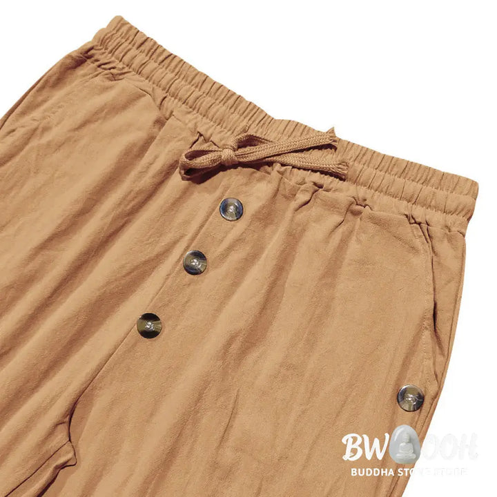 Buddha Stones Solid Color Buttons Drawstring Men’s Cotton Pants With Pockets - Men’s Pants