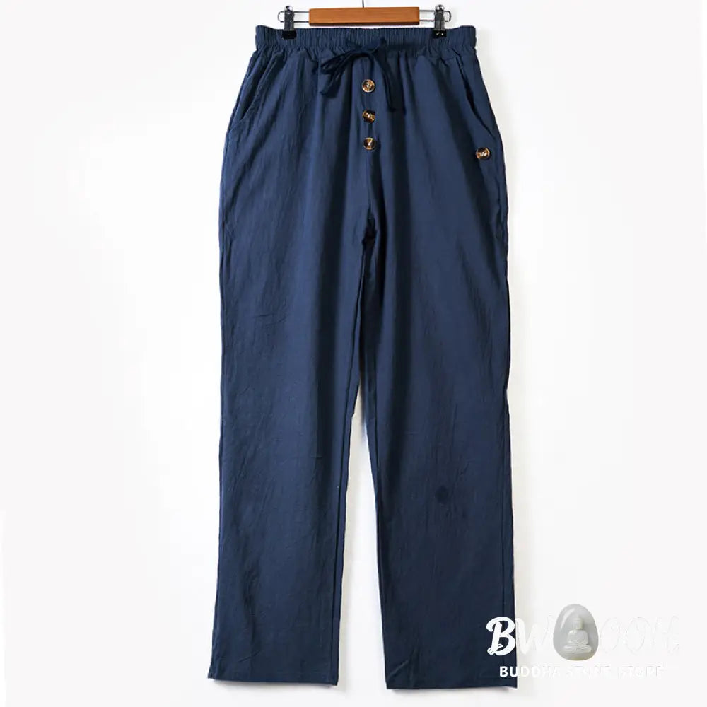 Buddha Stones Solid Color Buttons Drawstring Men’s Cotton Pants With Pockets - Men’s Pants