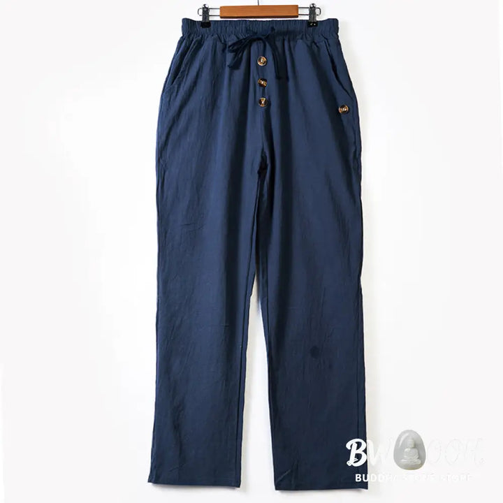 Buddha Stones Solid Color Buttons Drawstring Men’s Cotton Pants With Pockets - Men’s Pants