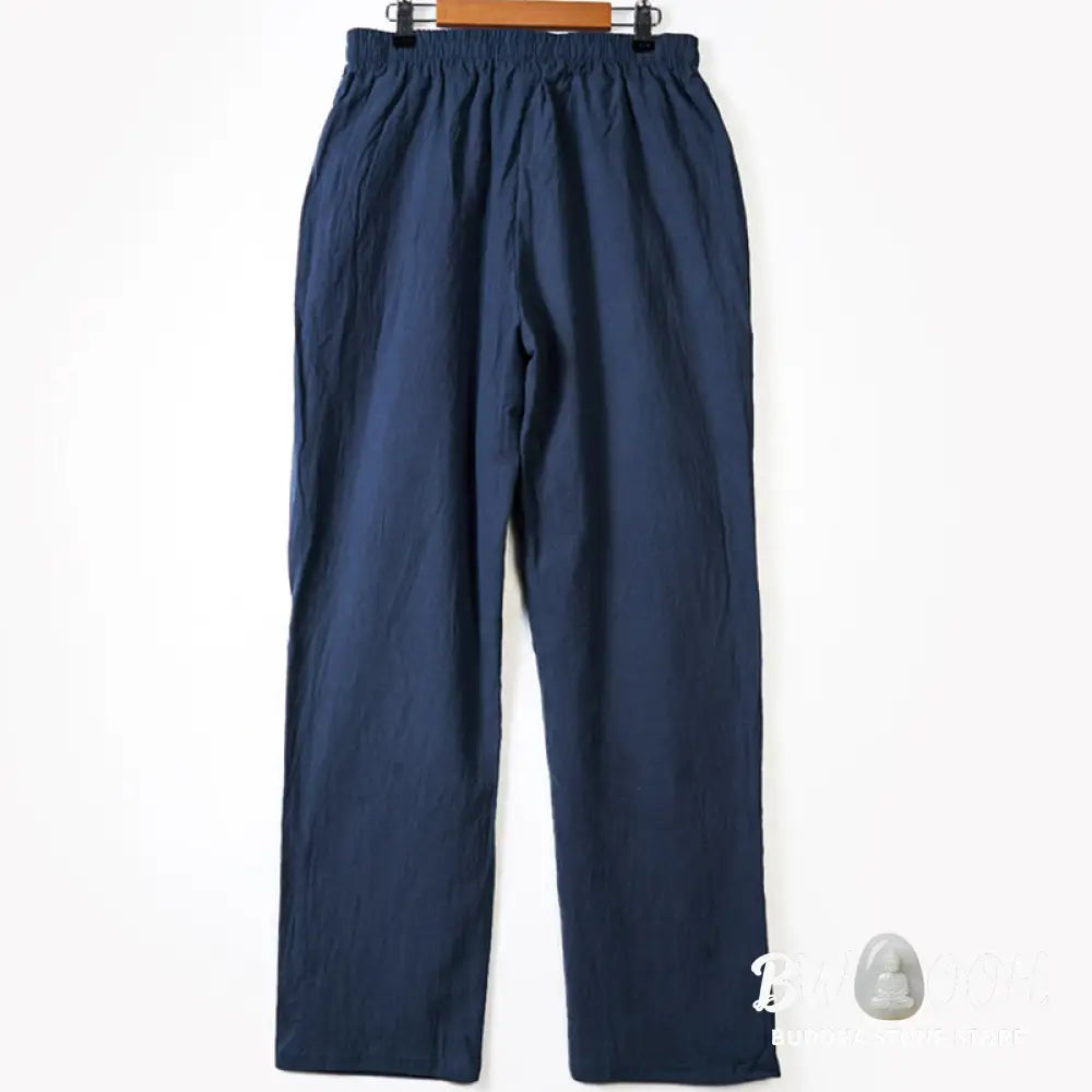 Buddha Stones Solid Color Buttons Drawstring Men’s Cotton Pants With Pockets - Men’s Pants
