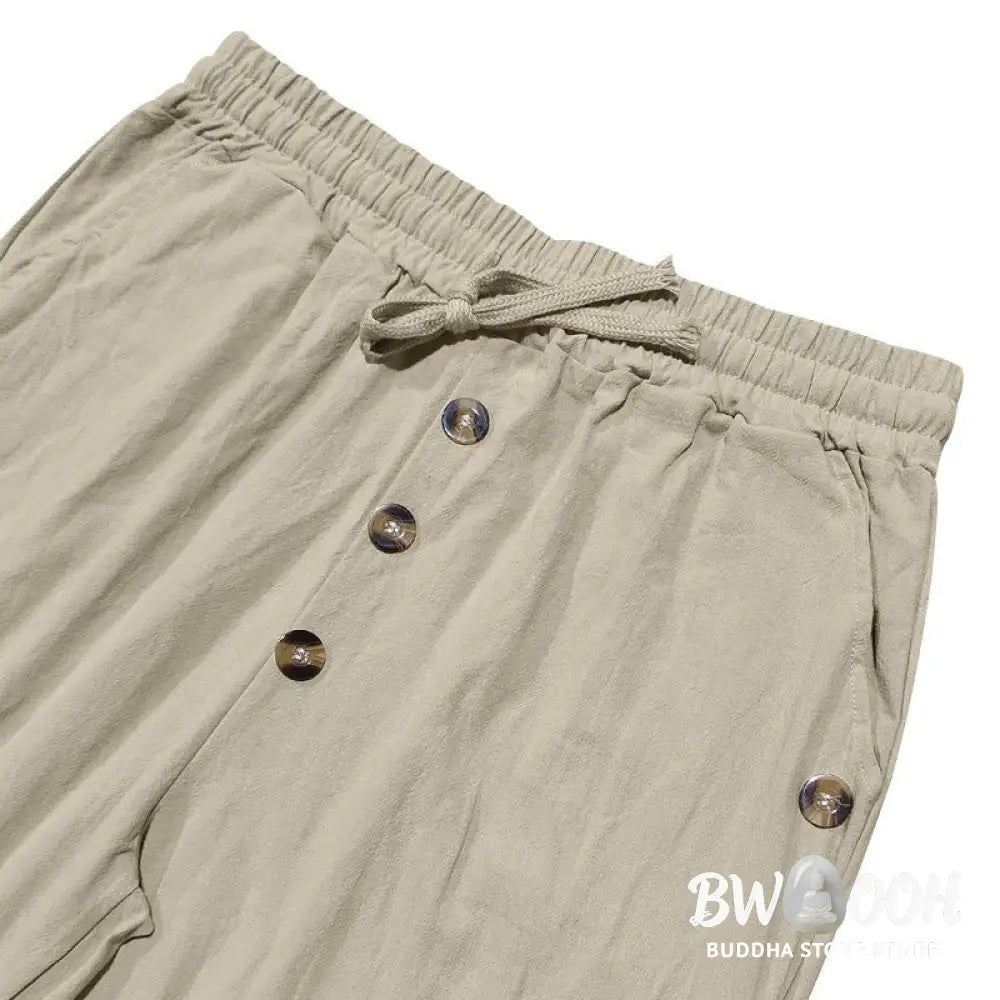 Buddha Stones Solid Color Buttons Drawstring Men’s Cotton Pants With Pockets - Men’s Pants