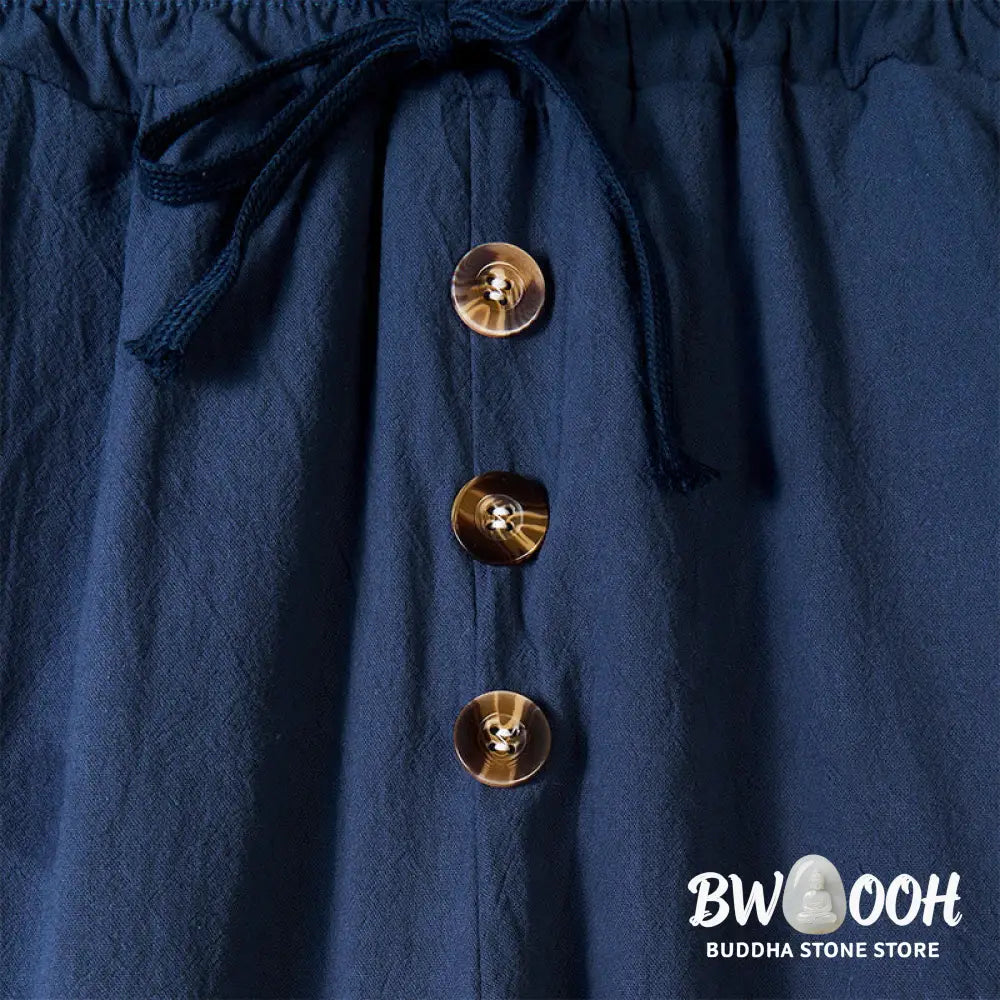 Buddha Stones Solid Color Buttons Drawstring Men’s Cotton Pants With Pockets - Men’s Pants