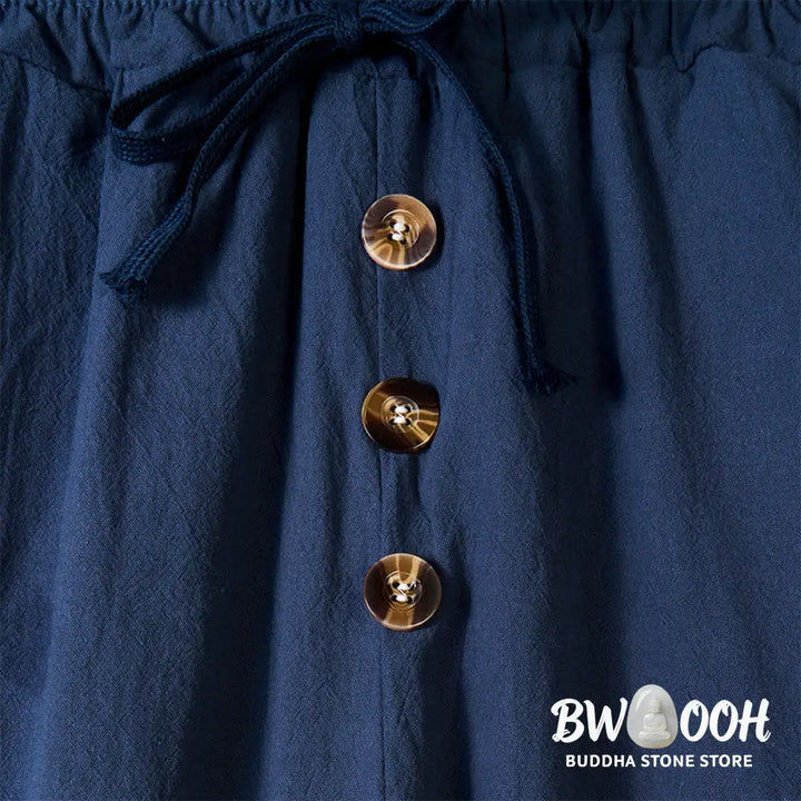 Buddha Stones Solid Color Buttons Drawstring Men’s Cotton Pants With Pockets - Men’s Pants