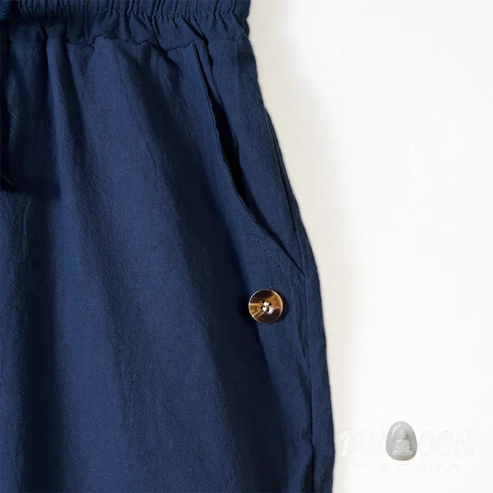 Buddha Stones Solid Color Buttons Drawstring Men’s Cotton Pants With Pockets - Men’s Pants