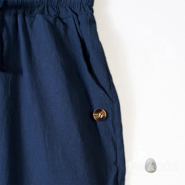 Buddha Stones Solid Color Buttons Drawstring Men’s Cotton Pants With Pockets - Men’s Pants