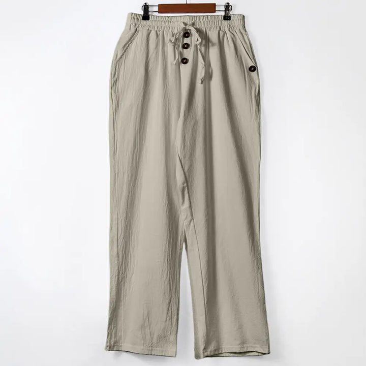 Buddha Stones Solid Color Buttons Drawstring Men’s Cotton Pants With Pockets - Beige / US/UK/AU36，EU46 (S) - Men’s Pants