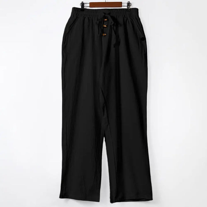 Buddha Stones Solid Color Buttons Drawstring Men’s Cotton Pants With Pockets - Black / US/UK/AU36，EU46 (S) - Men’s Pants