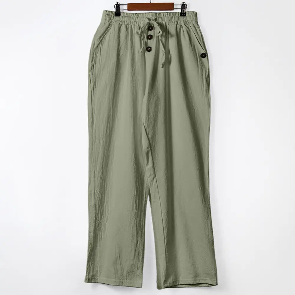Buddha Stones Solid Color Buttons Drawstring Men’s Cotton Pants With Pockets - DarkSeaGreen / US/UK/AU36，EU46 (S)