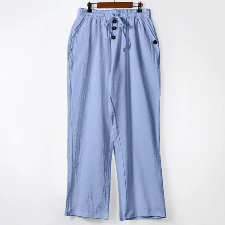 Buddha Stones Solid Color Buttons Drawstring Men’s Cotton Pants With Pockets - LightSkyBlue / US/UK/AU36，EU46 (S)