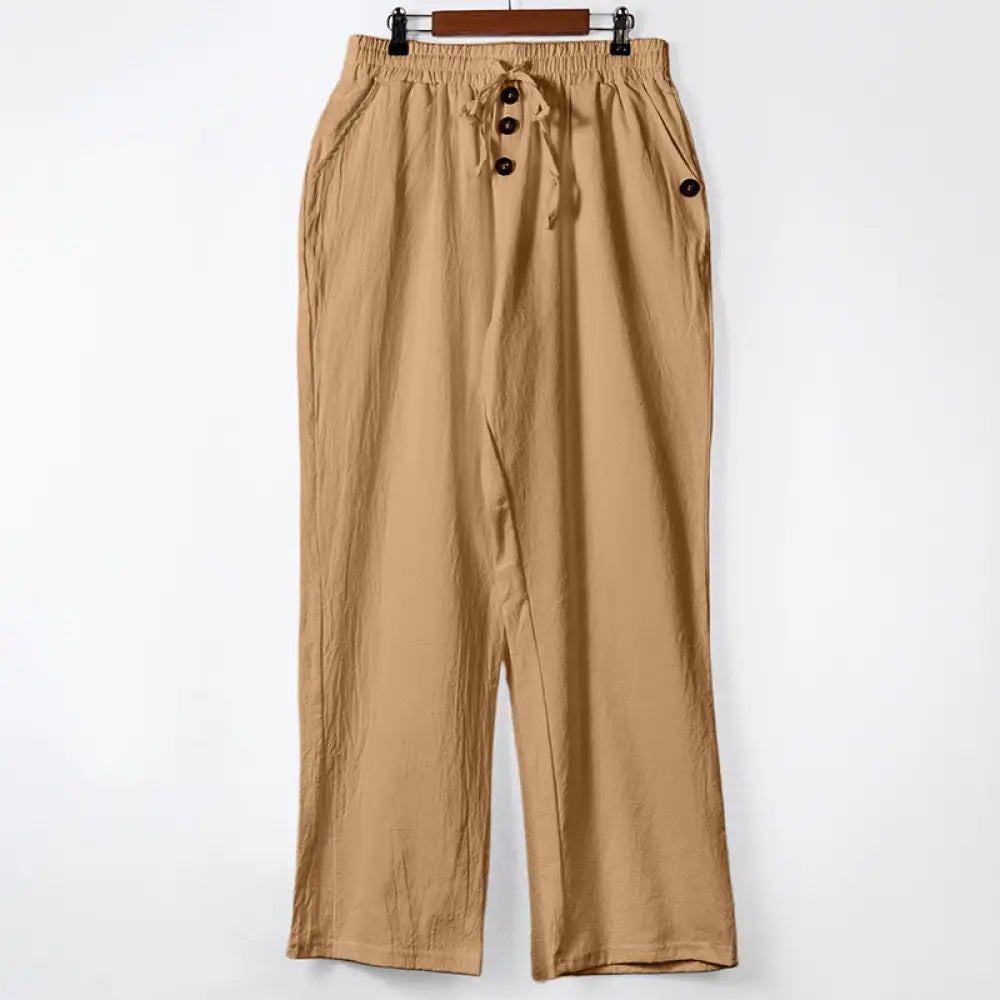 Buddha Stones Solid Color Buttons Drawstring Men’s Cotton Pants With Pockets - SandyBrown / US/UK/AU36，EU46 (S) - Men’s