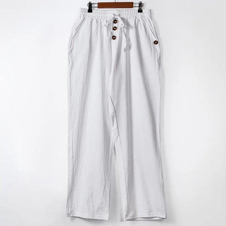 Buddha Stones Solid Color Buttons Drawstring Men’s Cotton Pants With Pockets - White / US/UK/AU36，EU46 (S) - Men’s Pants