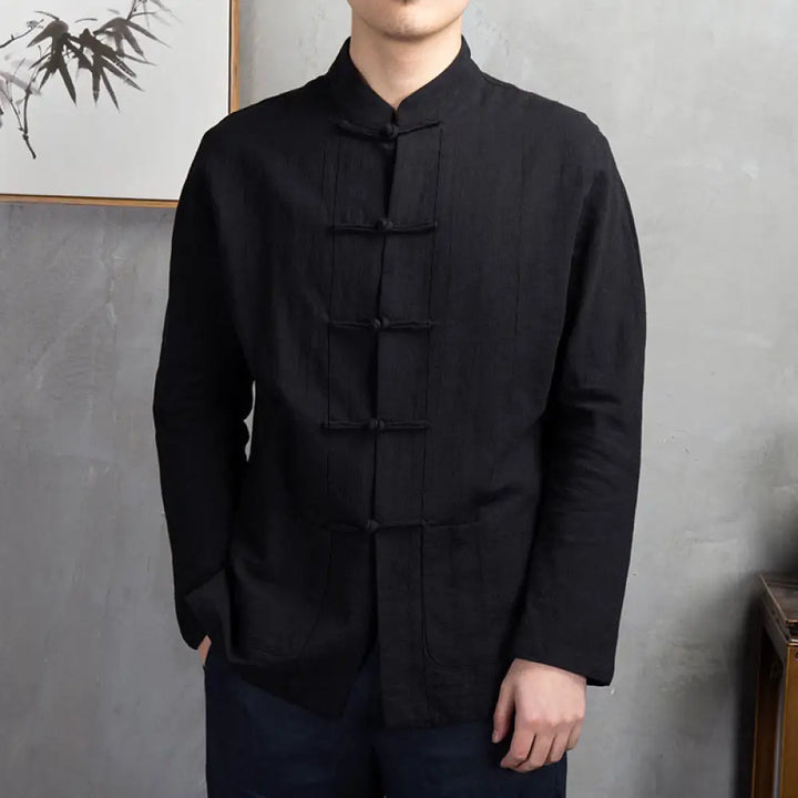 Buddha Stones Solid Color Casual Frog-button Men’s Shirt Clothing - Black / US/UK/AU32，EU42 (M) - Men’s Shirts