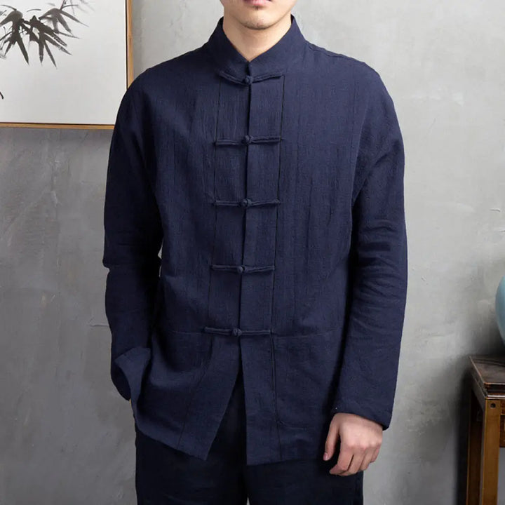 Buddha Stones Solid Color Casual Frog-button Men’s Shirt Clothing - MidnightBlue / US/UK/AU32，EU42 (M) - Men’s Shirts
