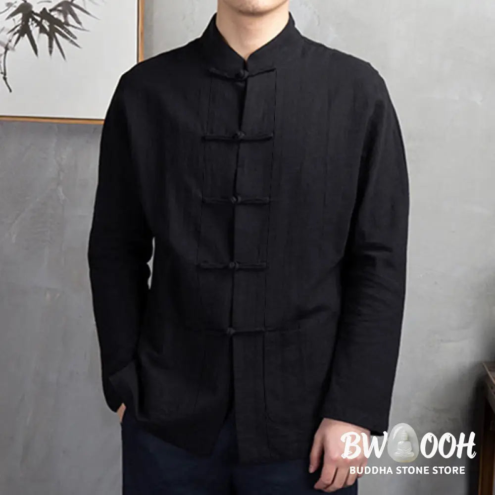 Buddha Stones Solid Color Casual Frog-button Men’s Shirt Clothing - Men’s Shirts